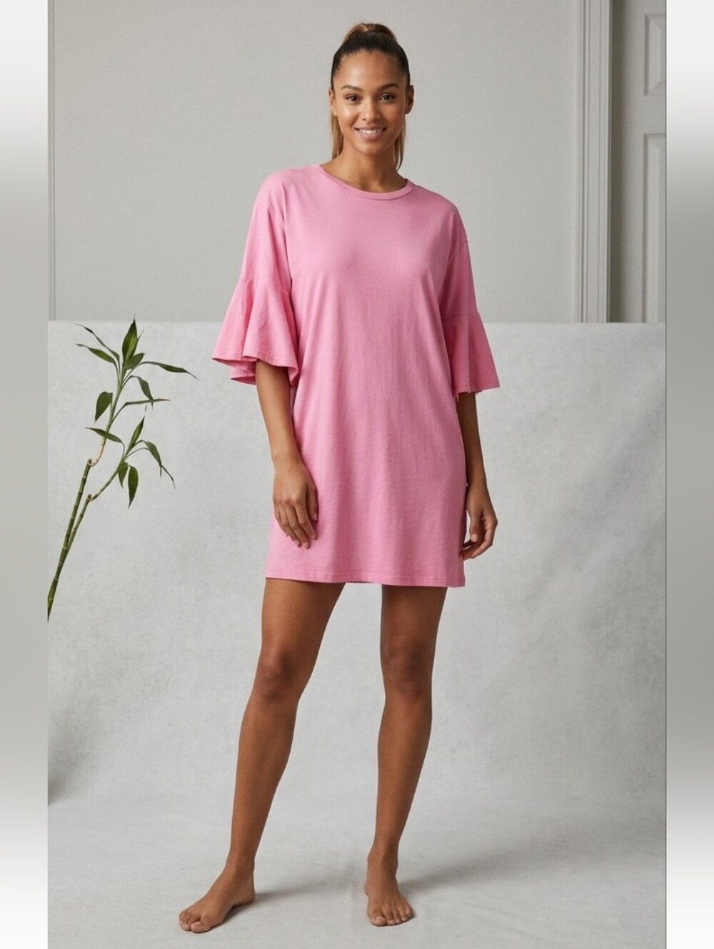 Zara Collection Women's Midi Dress Pink T-Shirt Style w/Bell Sleeves Size Large
